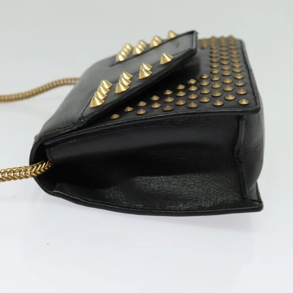SAINT LAURENT Studs Chain Shoulder Bag Leather Black Gold Auth bs29263 - Picture 6 of 16